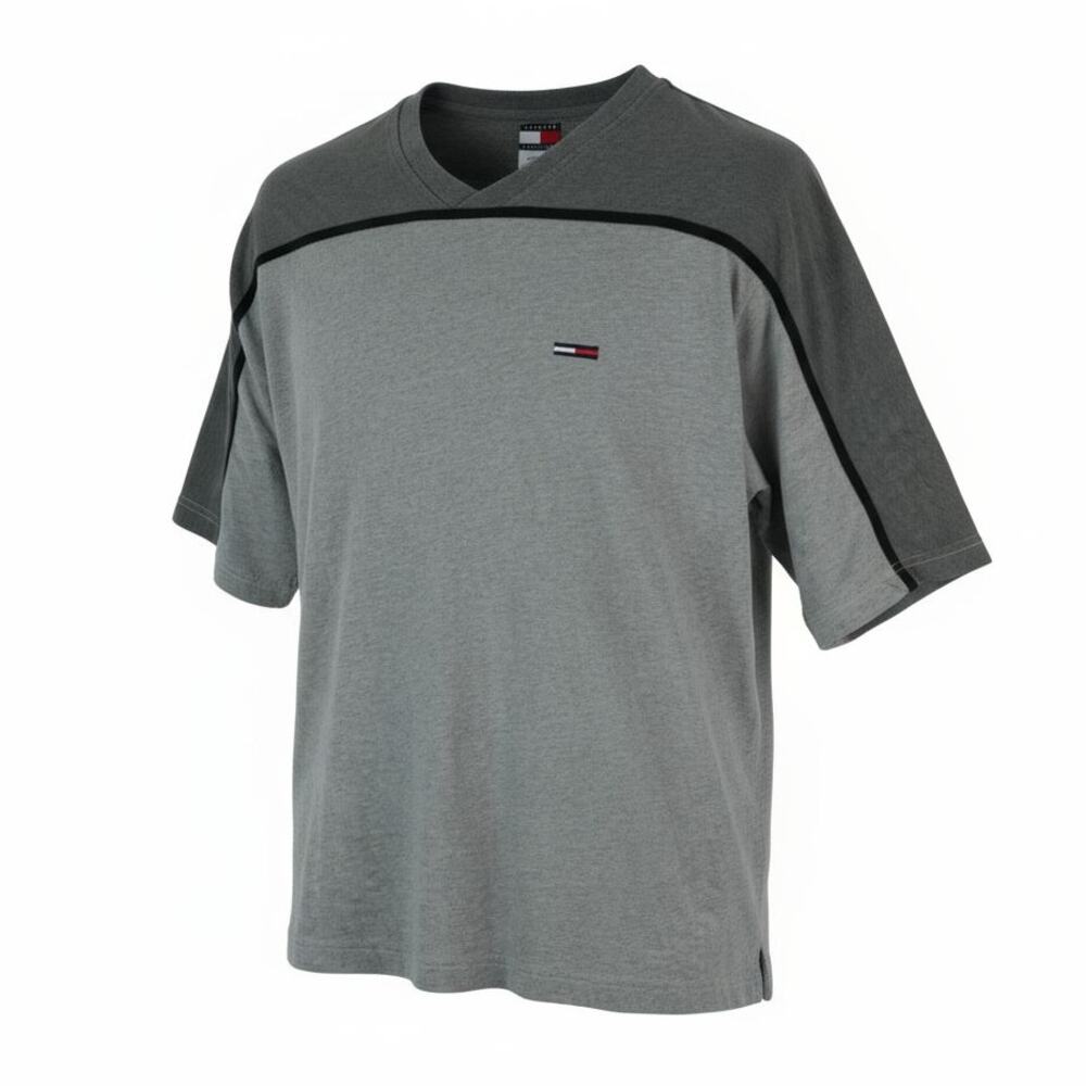 Vintage Tommy Hilfiger V Neck T-Shirt Mens XL‎ Gray Two Tone 90s Y2K Streetwear